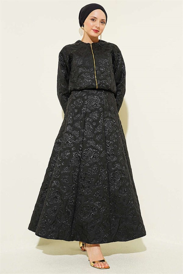 Patterned Zippered Jacquard Skirt 2 Piece Set, Black