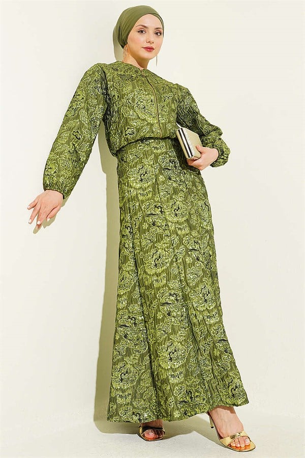 Patterned Zippered Jacquard Skirt 2 Piece Set in Olive Green