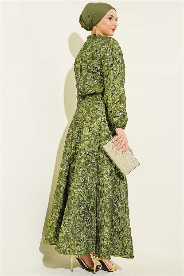 Patterned Zippered Jacquard Skirt 2 Piece Set in Olive Green