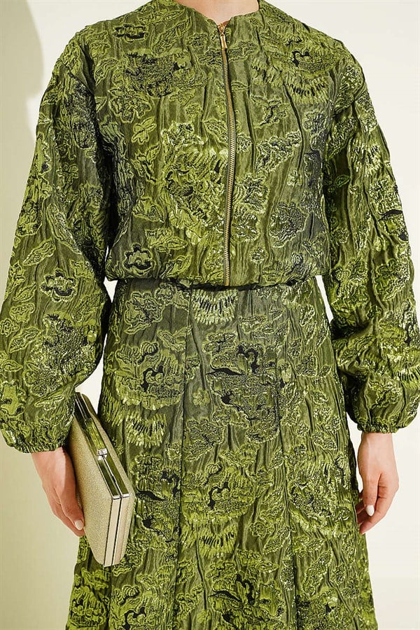 Patterned Zippered Jacquard Skirt 2 Piece Set in Olive Green
