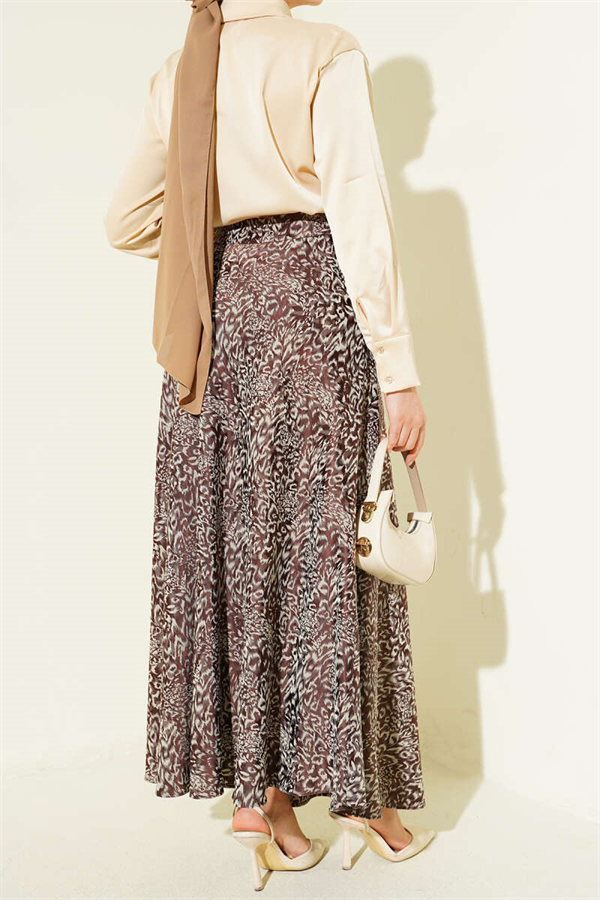 Patterned Satin Skirt with Zipper, Brown