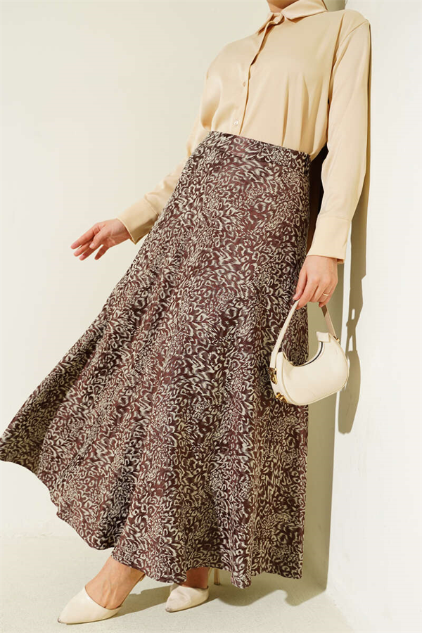 Patterned Satin Skirt with Zipper, Brown