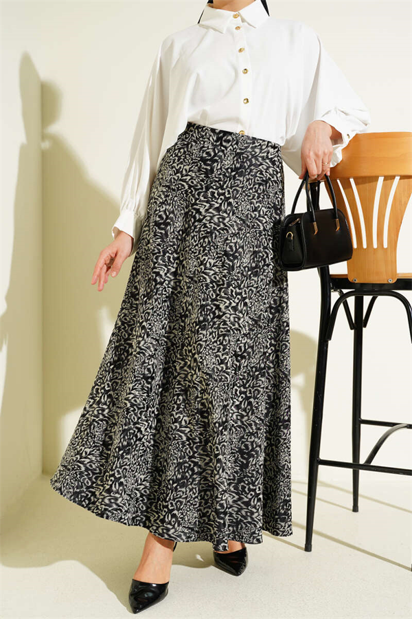 Patterned Satin Skirt with Zipper, Black