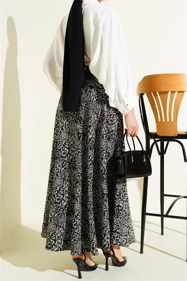 Patterned Satin Skirt with Zipper, Black
