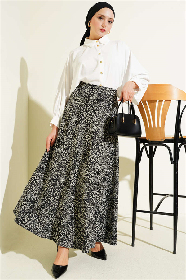 Patterned Satin Skirt with Zipper, Black