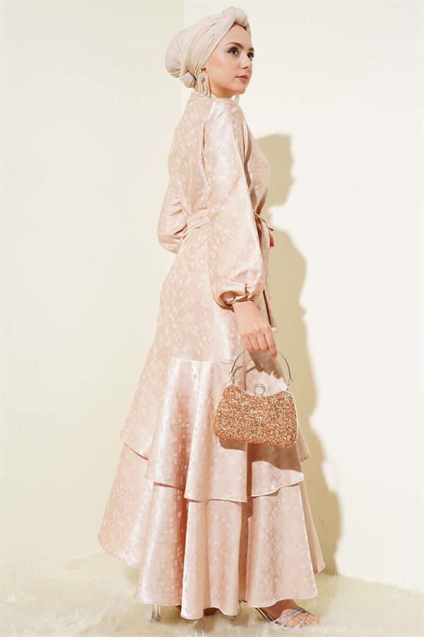 Patterned Ruffle Flounce Jacquard Dress Beige