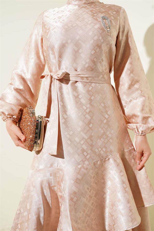 Patterned Ruffle Flounce Jacquard Dress Beige