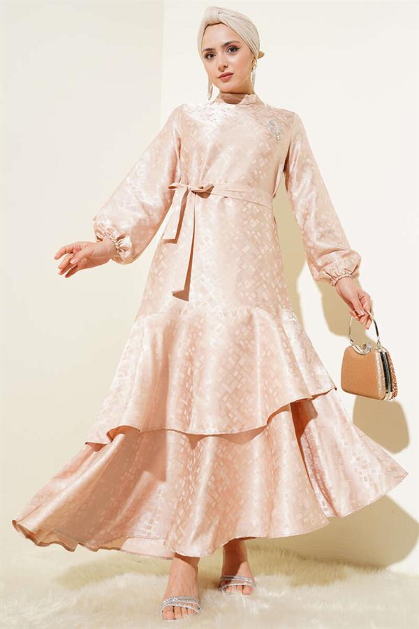 Patterned Ruffle Flounce Jacquard Dress Beige