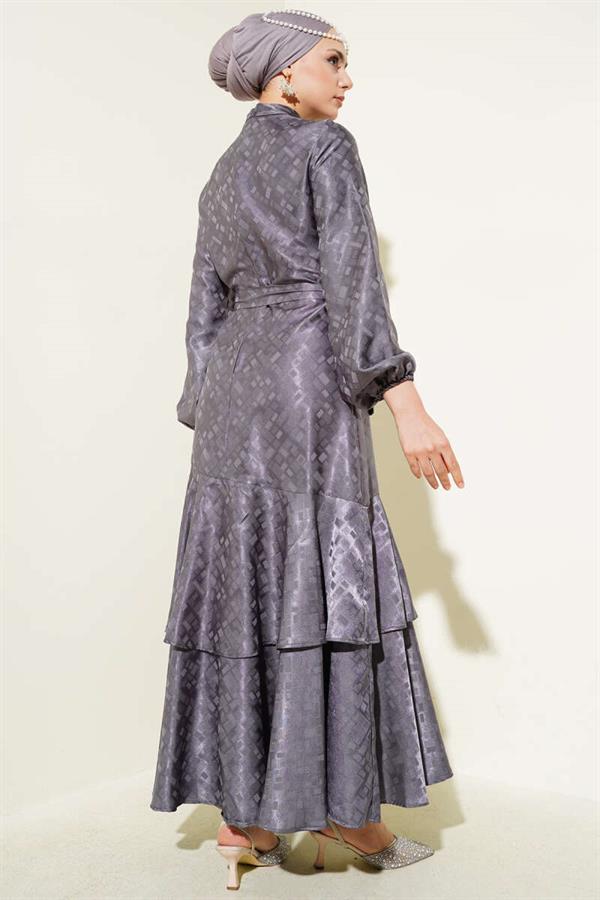 Patterned Ruffle Flounce Jacquard Dress Smoke