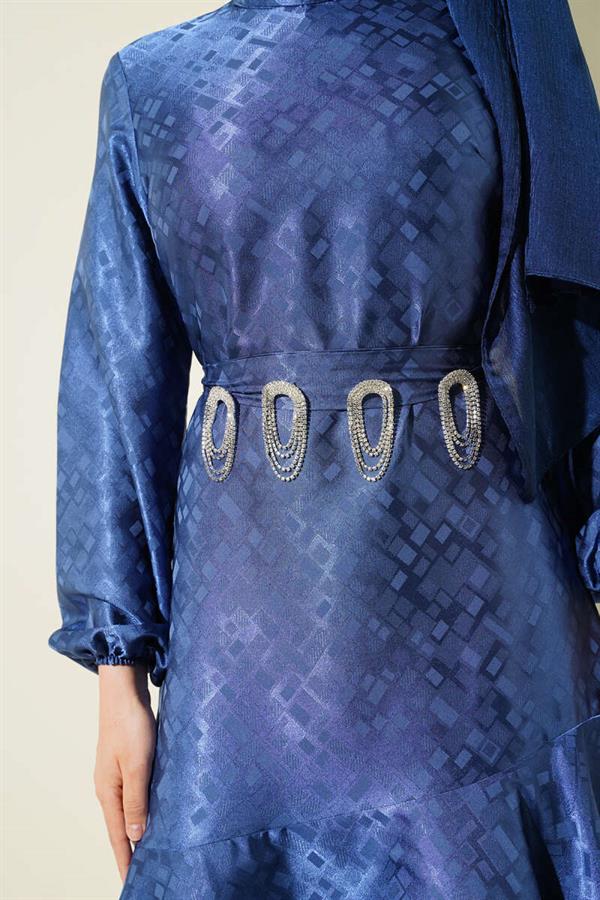 Patterned Ruffle Flounce Jacquard Dress Indigo