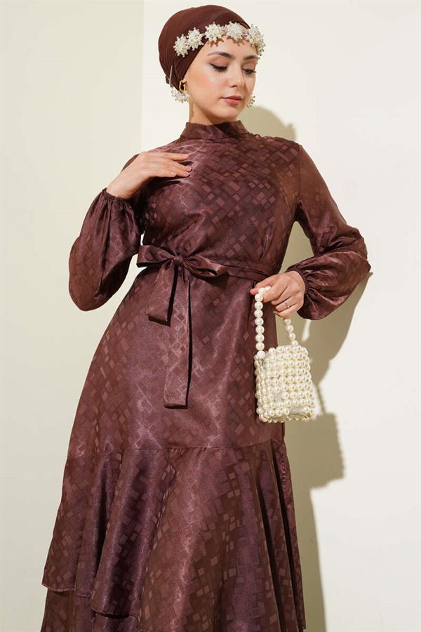 Patterned Ruffle Flounce Jacquard Dress Brown