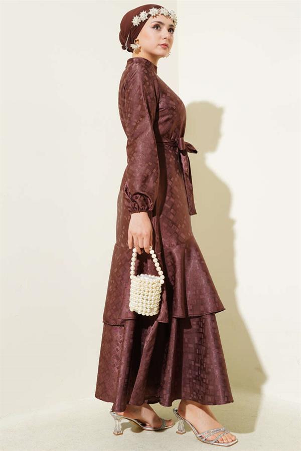 Patterned Ruffle Flounce Jacquard Dress Brown
