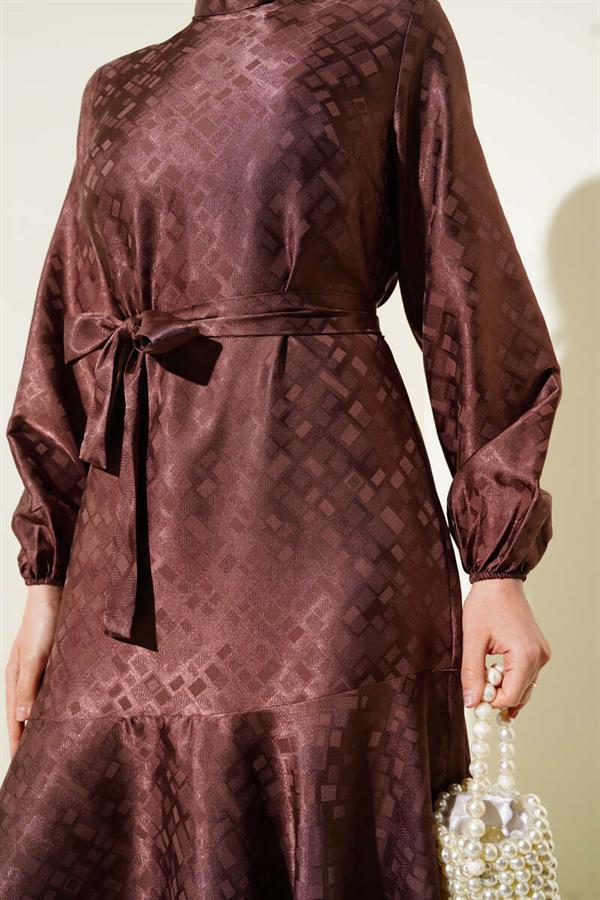 Patterned Ruffle Flounce Jacquard Dress Brown