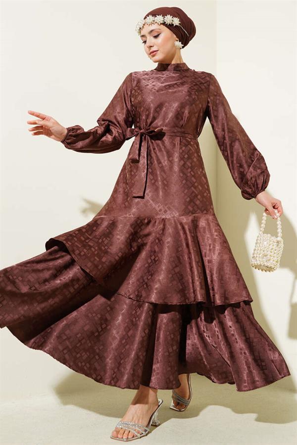 Patterned Ruffle Flounce Jacquard Dress Brown