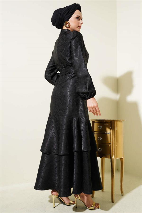 Patterned Ruffle Flounce Jacquard Dress Black