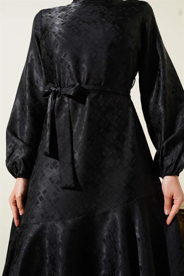 Patterned Ruffle Flounce Jacquard Dress Black