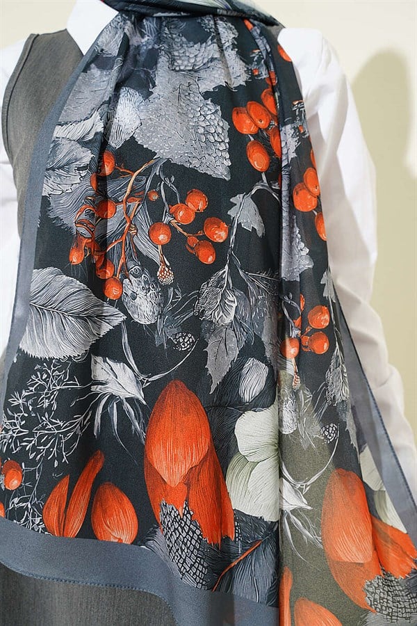 Patterned French Silk Shawl, Smoke Grey
