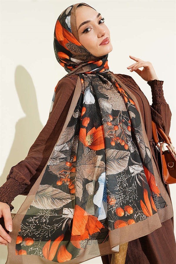 Patterned French Silk Shawl Khaki