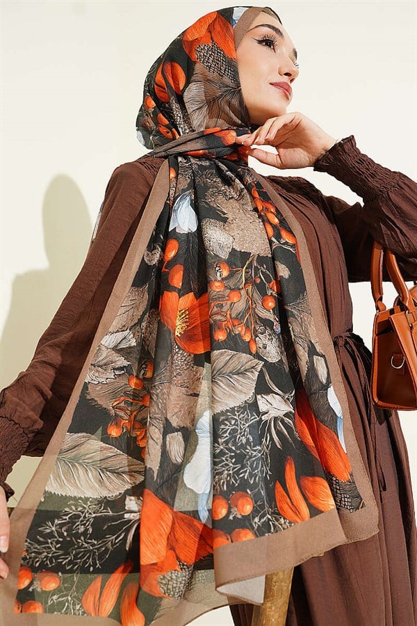 Patterned French Silk Shawl Khaki