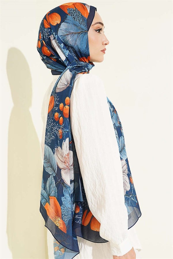 Patterned French Silk Shawl, Navy Blue