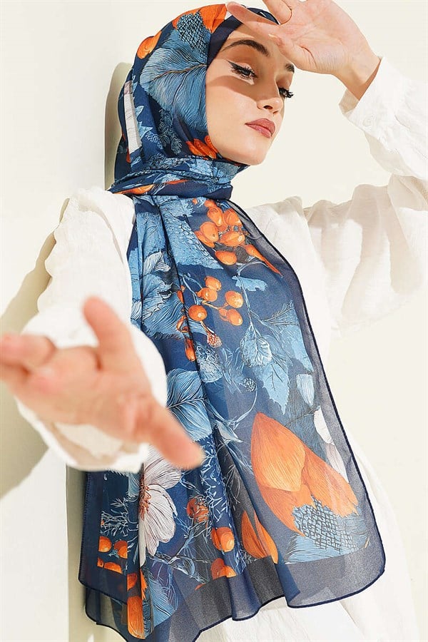 Patterned French Silk Shawl, Navy Blue