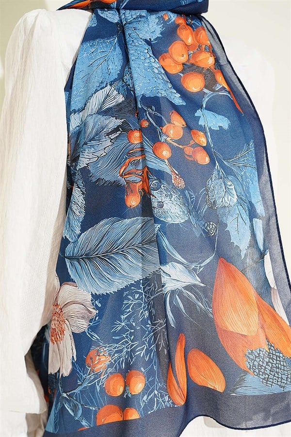 Patterned French Silk Shawl, Navy Blue