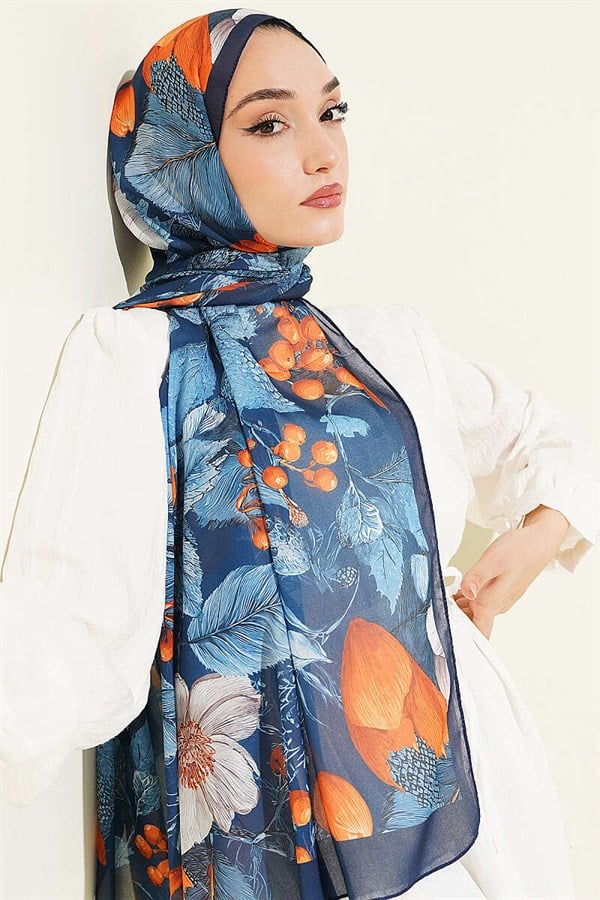 Patterned French Silk Shawl, Navy Blue