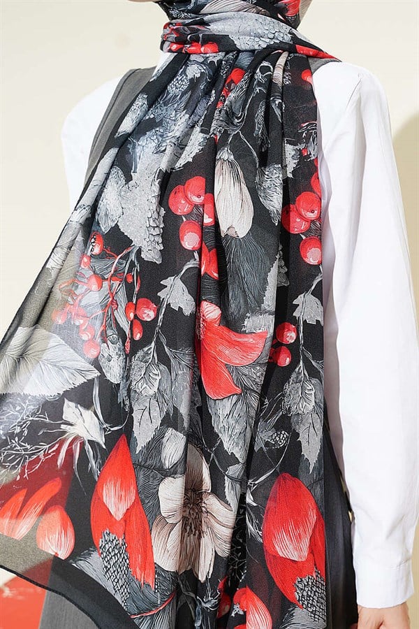 Patterned French Silk Scarf, Black