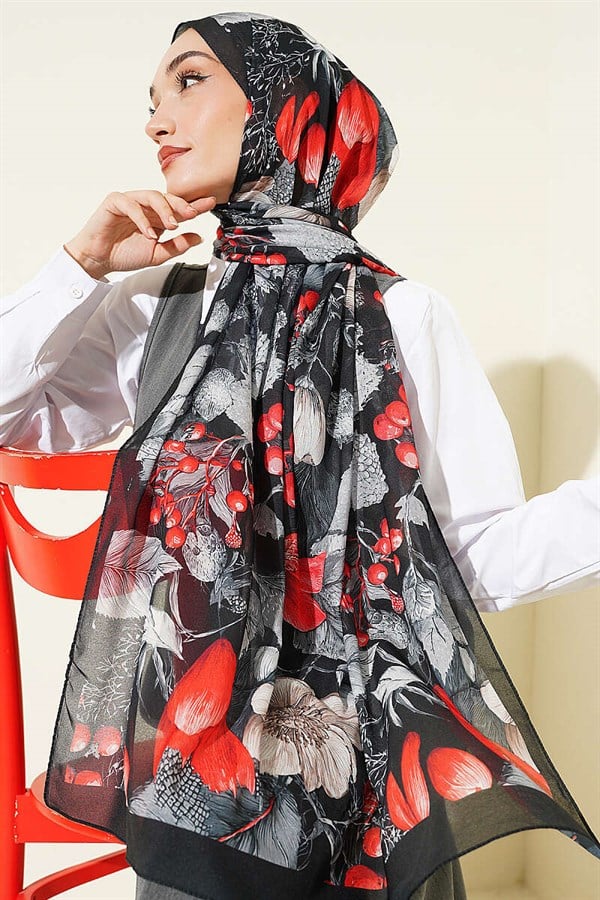 Patterned French Silk Scarf, Black
