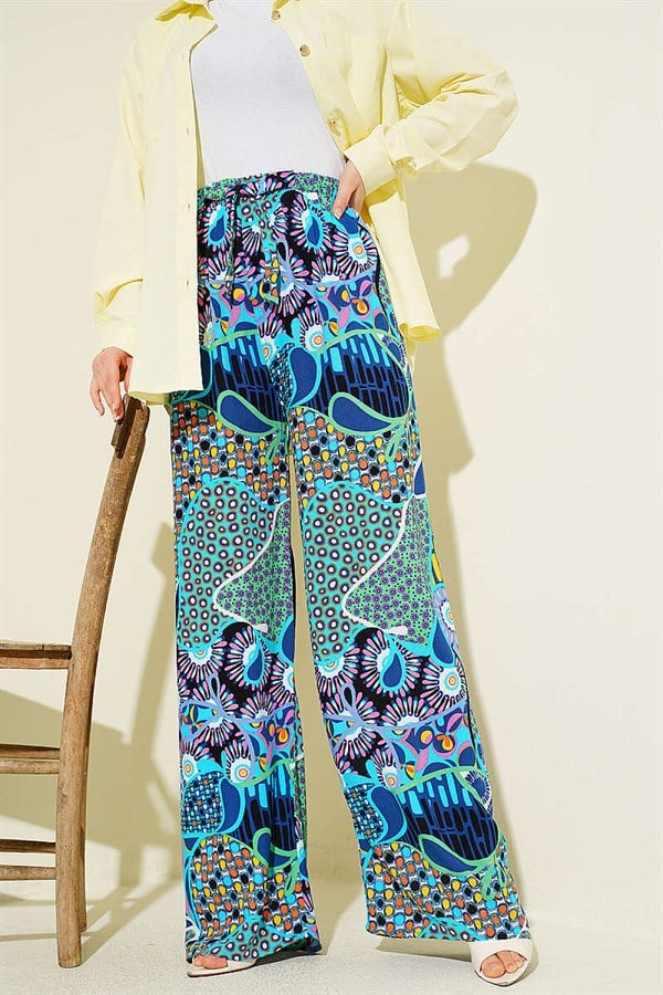 Patterned Wide Leg Elasticated Trousers Blue