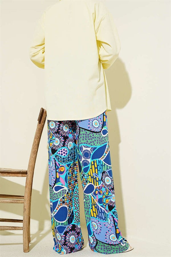 Patterned Wide Leg Elasticated Trousers Blue