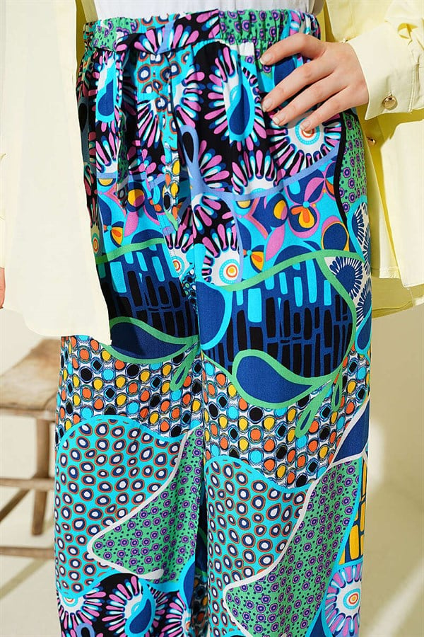 Patterned Wide Leg Elasticated Trousers Blue