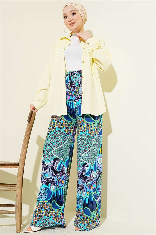 Patterned Wide Leg Elasticated Trousers Blue