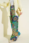 Patterned Wide Leg Elasticated Trousers Green