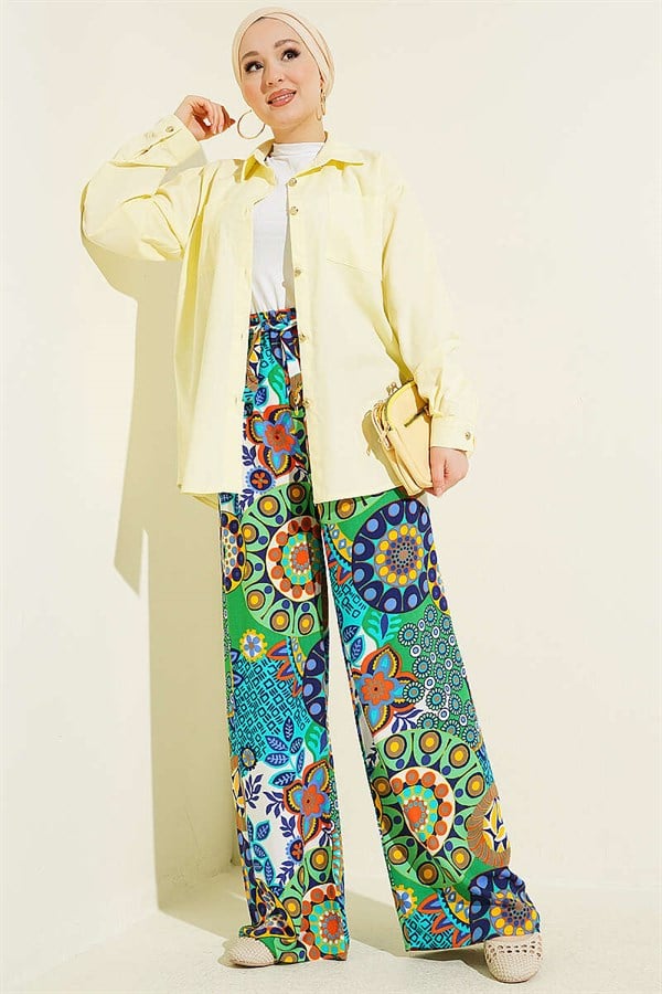 Patterned Wide Leg Elasticated Trousers Green