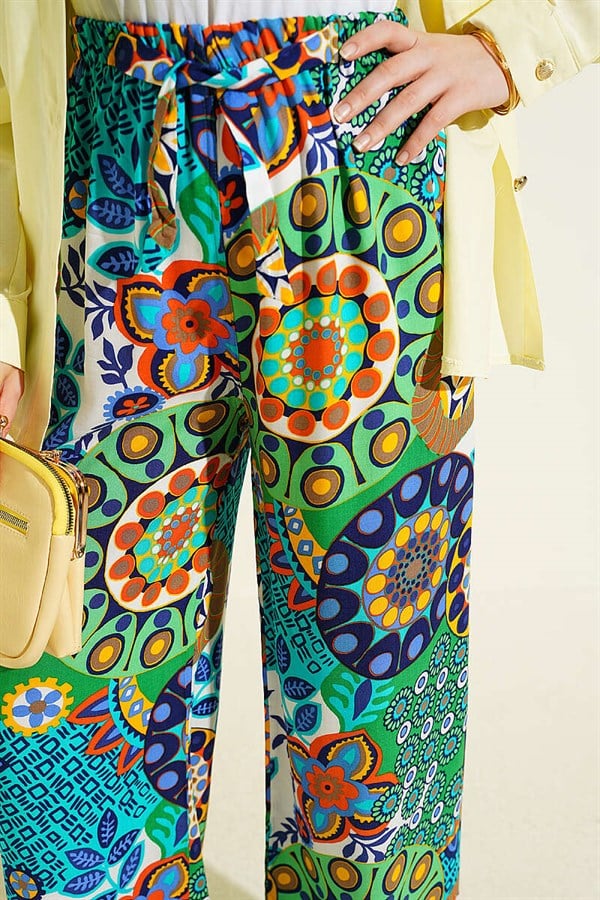 Patterned Wide Leg Elasticated Trousers Green