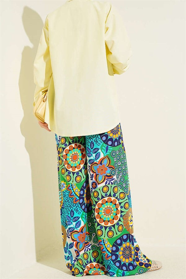 Patterned Wide Leg Elasticated Trousers Green