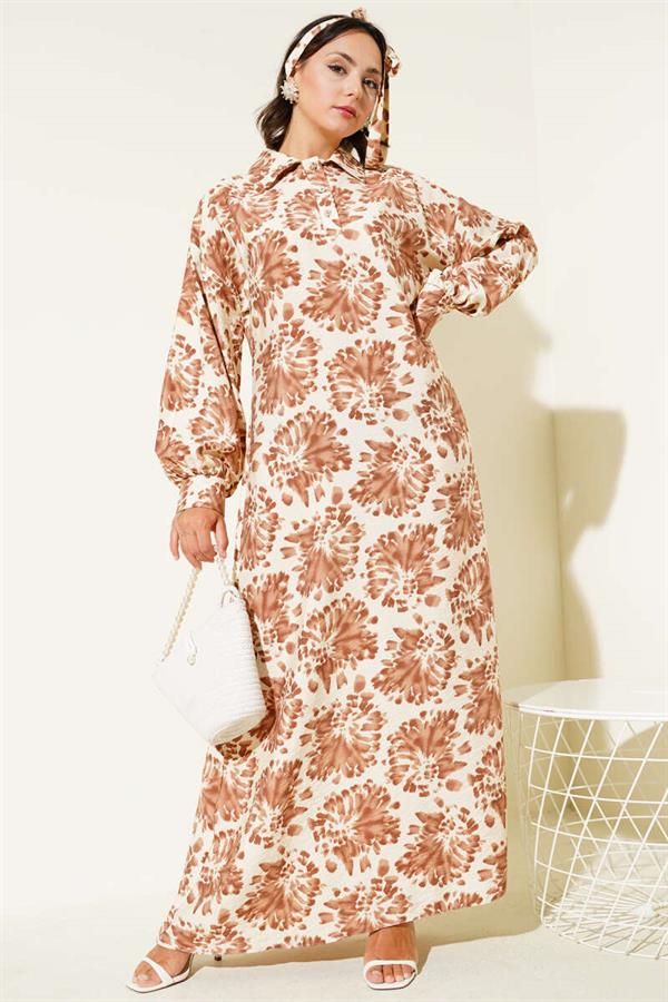 Patterned Shirt Collar Stone Buttoned Dress Camel