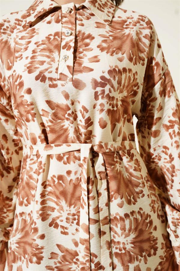 Patterned Shirt Collar Stone Buttoned Dress Camel