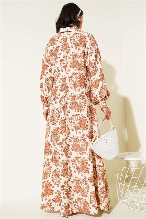 Patterned Shirt Collar Stone Buttoned Dress Camel
