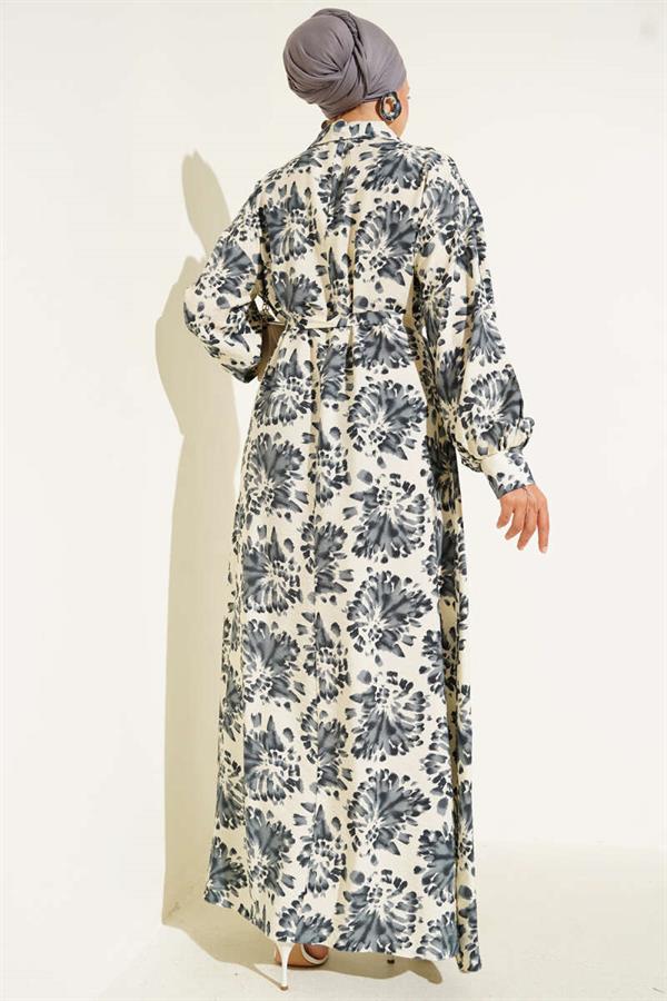 Patterned Shirt Collar Stone Button Dress Smoke Gray