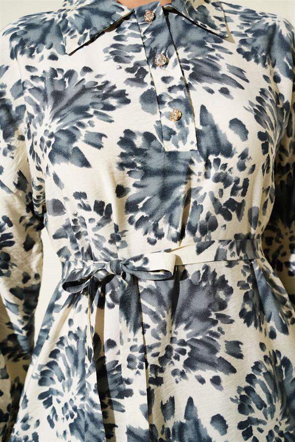 Patterned Shirt Collar Stone Button Dress Smoke Gray