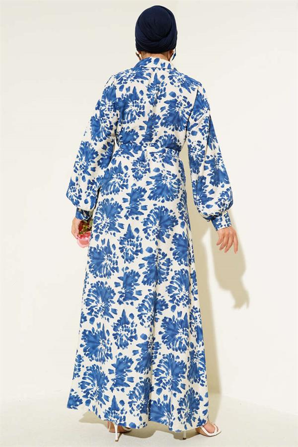 Patterned Shirt Collar Stone Buttoned Dress Indigo