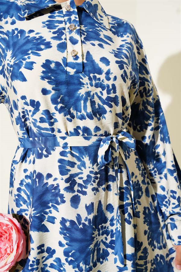 Patterned Shirt Collar Stone Buttoned Dress Indigo