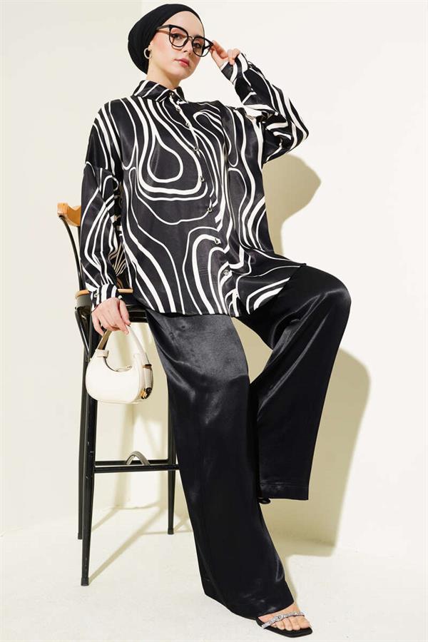 Patterned Shirt Casual Satin 2 Piece Set Black