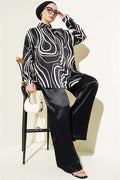 Patterned Shirt Casual Satin 2 Piece Set Black