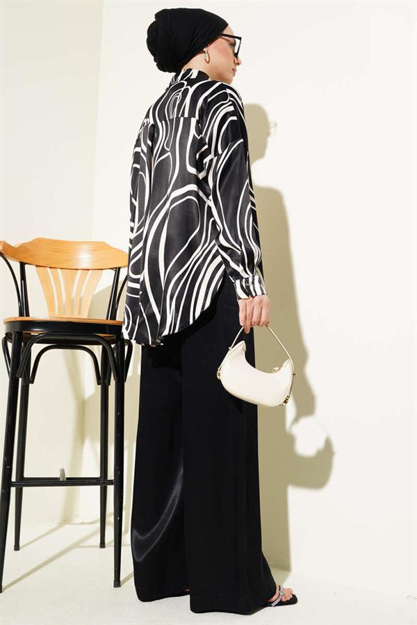 Patterned Shirt Casual Satin 2 Piece Set Black