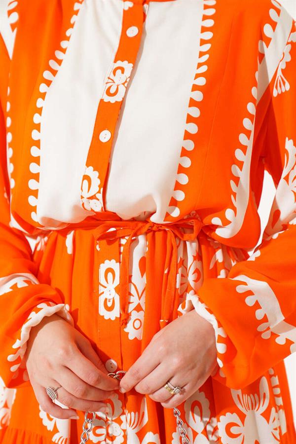 Patterned Rope Belted Buttoned Viscose Dress Orange