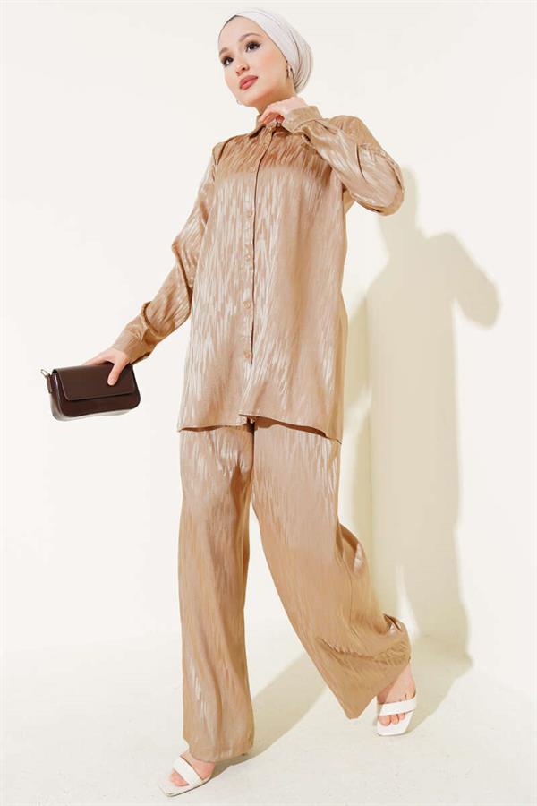 Patterned Jacquard Tunic 2 Piece Set Beige