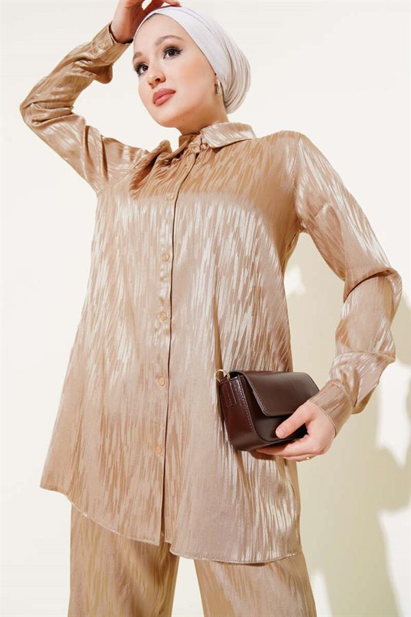 Patterned Jacquard Tunic 2 Piece Set Beige